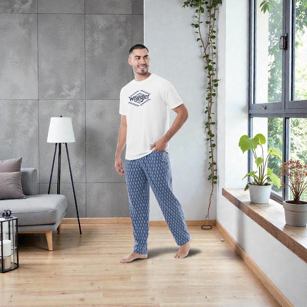 Wrangler Mens Comfy Cozy Blue Patterned Sleep Pants W/ White Sleep Shirt L 42-44